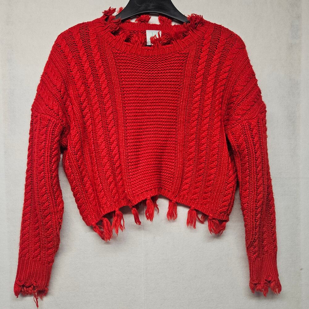 ShoptheMint Red Fringe Crop Sweater Oversized Cable Knit Pullover Size Small